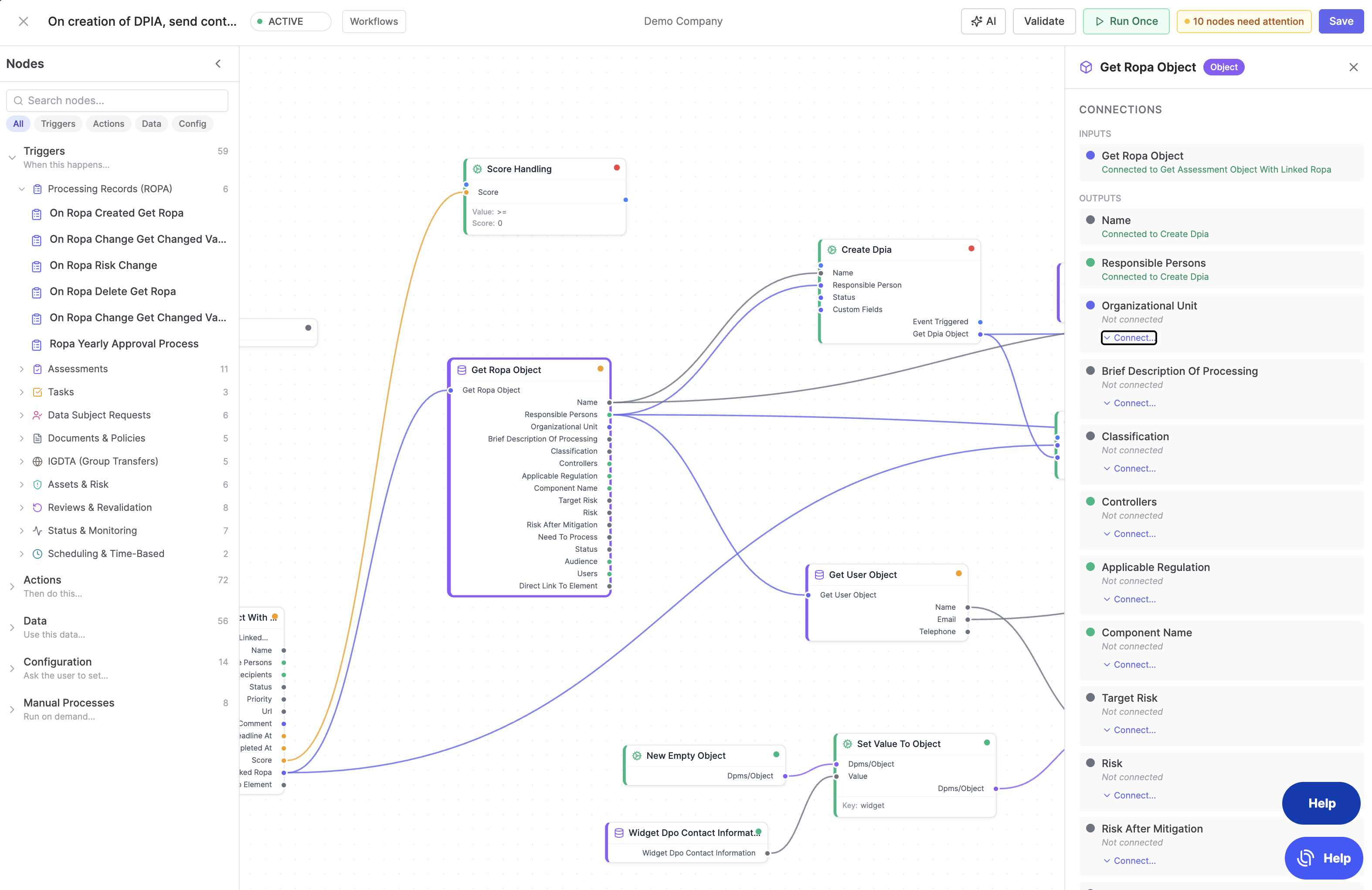 Workflow editor of the Priverion platform with an On creation of DPIA trigger node, linked ROPA and user objects, validation and automated dispatch to the responsible persons.
